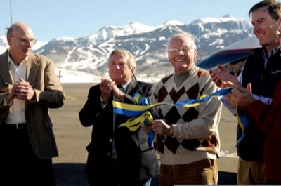 (l-r) Ed Roufa, TEX vice chairman, Rich Nutall, airport manager, John Micetic, TEX chairman, astronaut Neal Armstrong, and Scott McQuade, Telluride Tourism Board CEO, cut the ribbon on the improvement project. Photo by Brett Schreckengost